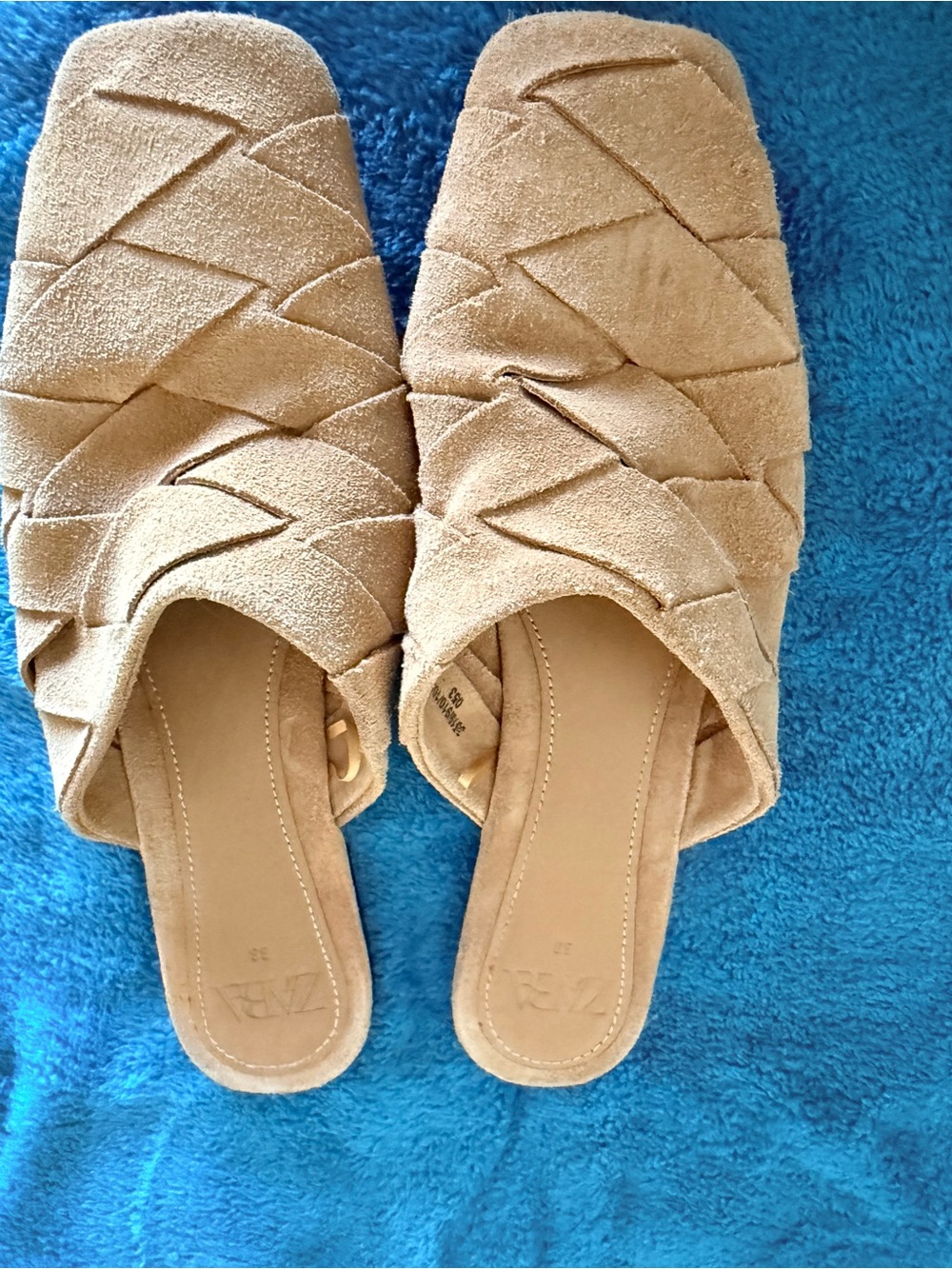 Zara Beige Woven Suede Slide Mules